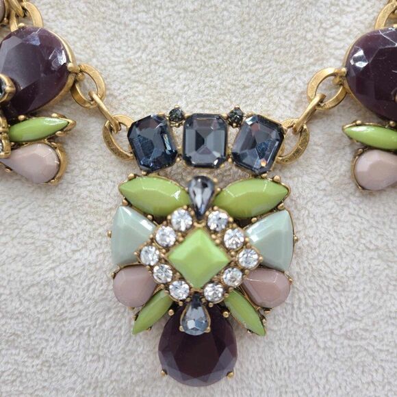 J Crew Chunky Green Brown Gray Crystal Statement Necklace - Picture 2 of 9